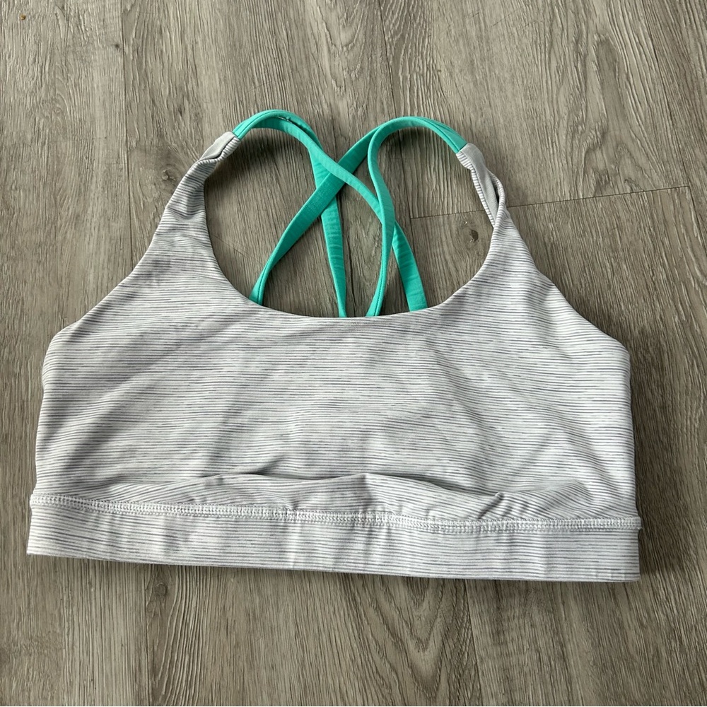 LULULEMON WHITE/GREY STRIPED ENERGY SPORTS BRA WITH MINT GREEN STRAPS